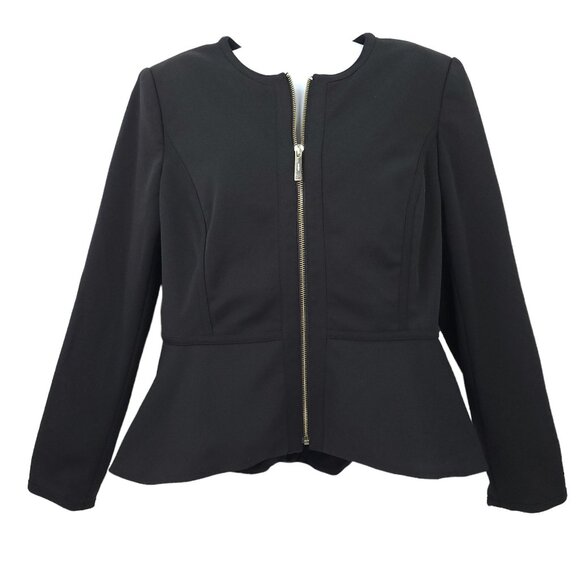 DKNY Collarless Peplum Hem Jacket Womens Size 12 Black Gold Front Zip Lined - Picture 1 of 12